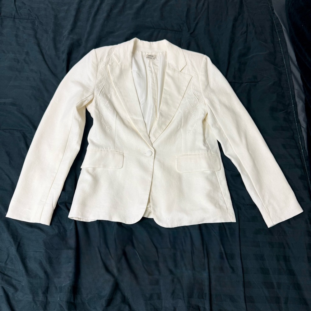 Jason Wu Cream Women's Linen Blazer with Floral Embroidery
